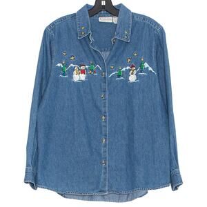 Basic Editions Holiday Top Denim Christmas Cottage Folk Granny Button Medium HG